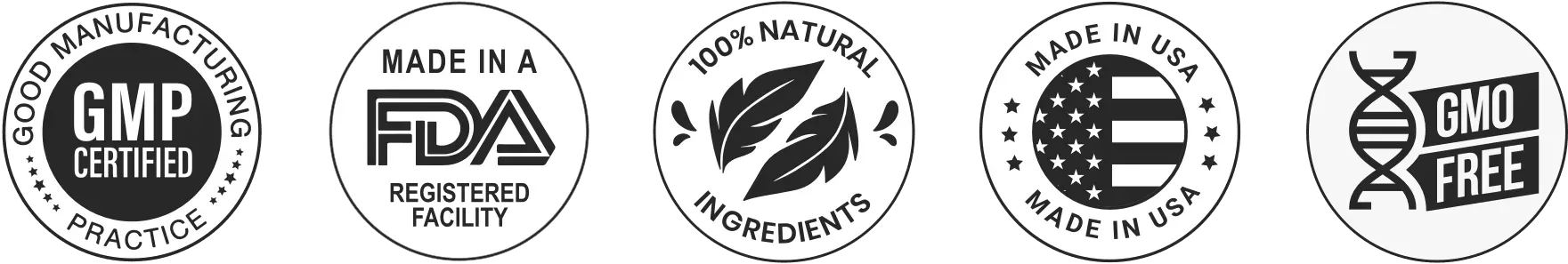 FDA Registered, GMP Certified, Natural Formula, Made in USA seals